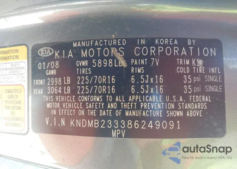 2008 Kia Sedona Lx z USA, uszkodzony, nr VIN KNDMB233386249091